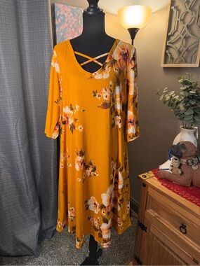 Mustard Floral V-Neck Midi Dress with Crisscross Detail